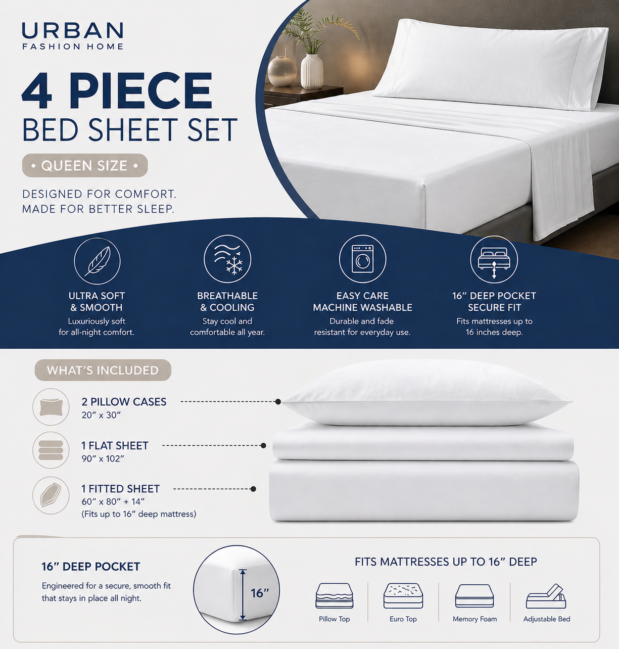 Luxury 4/6-Piece Deep Pocket Cooling Bed Sheet Set
